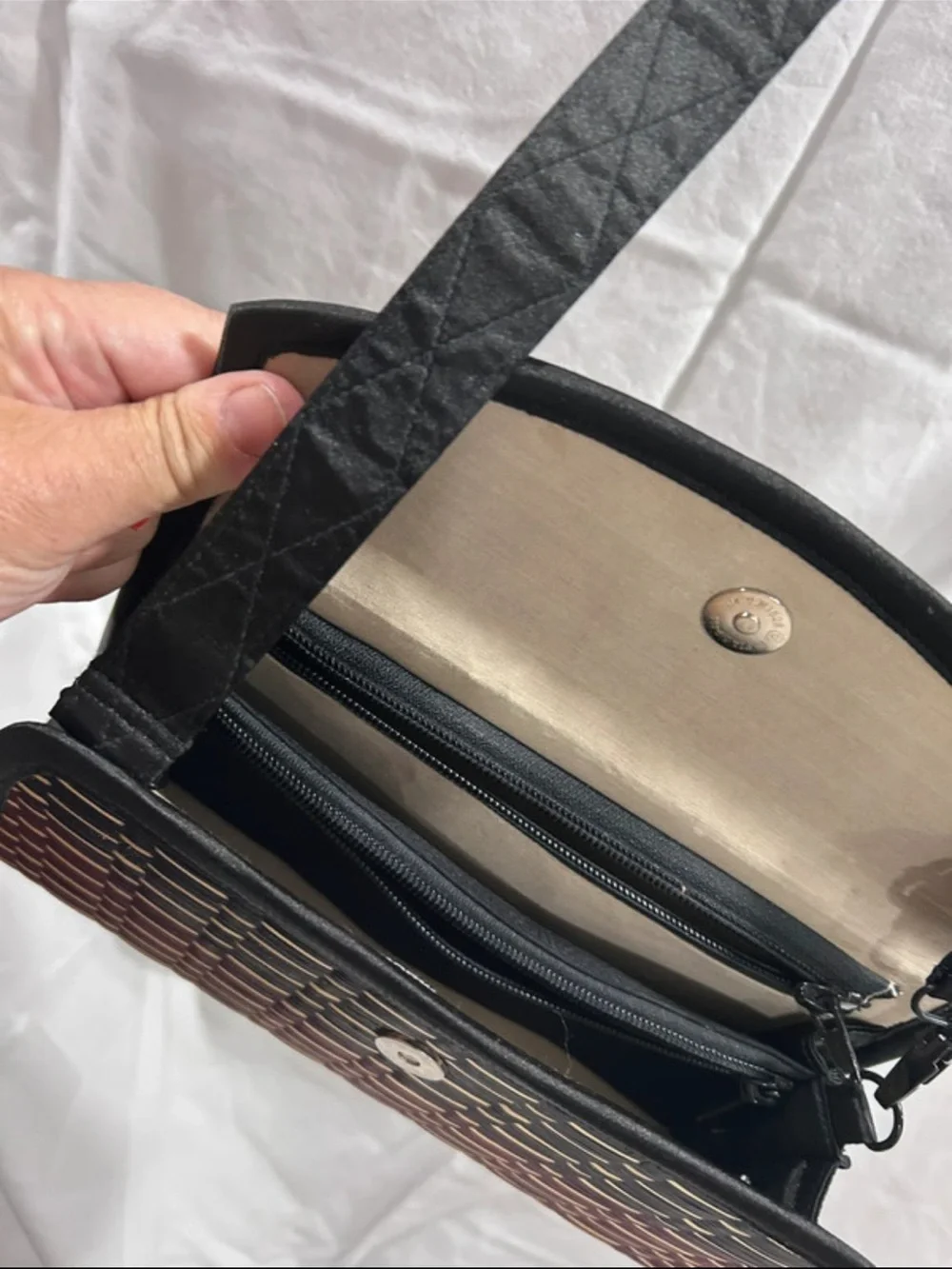 Baskets of Cambodia Woven Pattern Crossbody Bag in Black and Tan